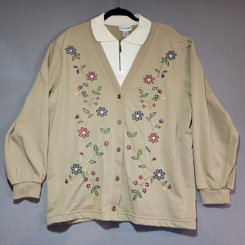 Alfred Dunner Womens Large Tan Floral Embroidered Button Front Cardigan Layered